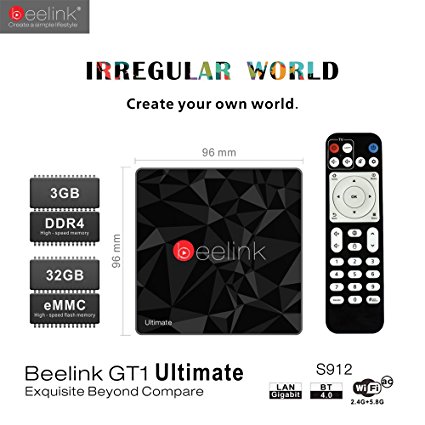 Beelink GT1 Ultimate Android 6.0 S912 TV Box with DDR4 3GB Onboard eMMC Flash 32GB 1000Mbps LAN IEEE 802.11a/b/g/n/ac, 2.4G 5.8G BT 4.0