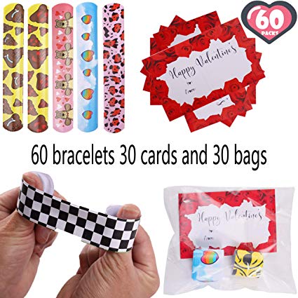 FiGoal 60 Pack Valentine’s Day Slap Bracelets Slap Bands in 30 Designs With 30 Pack Valentines Gift Cards Plus 30 Goodie Bags Party Favors School Classroom Prizes for Kids Boys Girls Adults