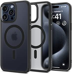 Spigen Coque Magnétique pour iPhone 15 Pro Max [Translucide Givrée] en Dos PC et Bumper TPU Ultra Hybrid MagFit - Frost Noir