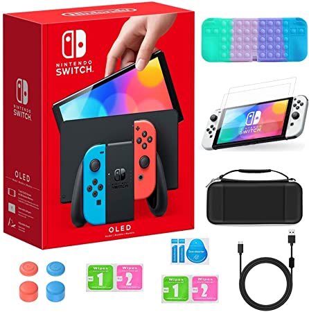 Nintendo Switch OLED Model Video Game 64GB Console-Neon Blue and Red, 7” Touchscreen Display, Built-in Speaker, Holiday Bluetooth 4.1, Bundle with TSBEAU 6-in-1 Rainbow Pop Bubbles Accessories Kit