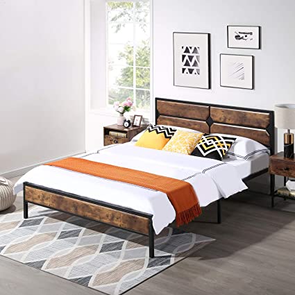 VECELO Full Bed Frame Metal Platform with Wooden Headboard & Footboard Mattress Foundation Strong Metal Slats Support No Box Spring Replacement/Easy Assemble