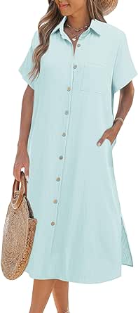 Zeagoo Womens Dress Summer Casual Short Sleeve Button Down Shirt Dress Beach Cover Up Dress with Pockets