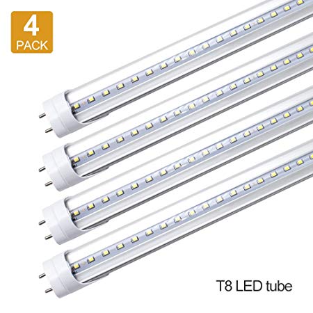 LightingWill LED T8 Light Tube, 4FT, Daylight White 5000K, Dual-End Powered, 2000Lumens 18W (40W Fluorescent Equivalent), Clear Cover, AC85-265V Lighting Tube Fixtures, 4 Pack