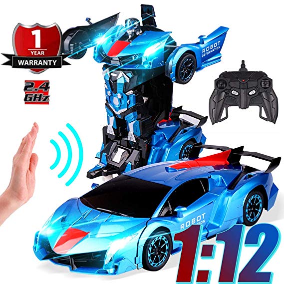 LANKEE 1:12 RC Deformable Car Robot,One-Click and Induction Deformation,Auto Demo,Exciting Voice Cool Light,2.4GHz Remote Control Car for Boys Girls,Blue