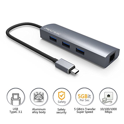 Wavlink USB Type C to 3 Port USB 3.0 Hub with Gigabit Ethernet Adapter Aluminum Design USB Splitter for USB Type-C Devices , New MacBook, ChromeBook Pixel and More (Grey)