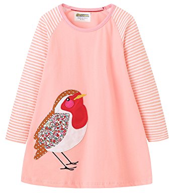 Fiream Girls Applique Cotton Casual Longsleeve Cartoon Dresses