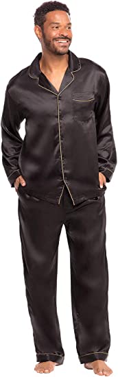 Alexander Del Rossa Men's Button Down Satin Pajama Set with Sleep Mask, Long Silky Pjs