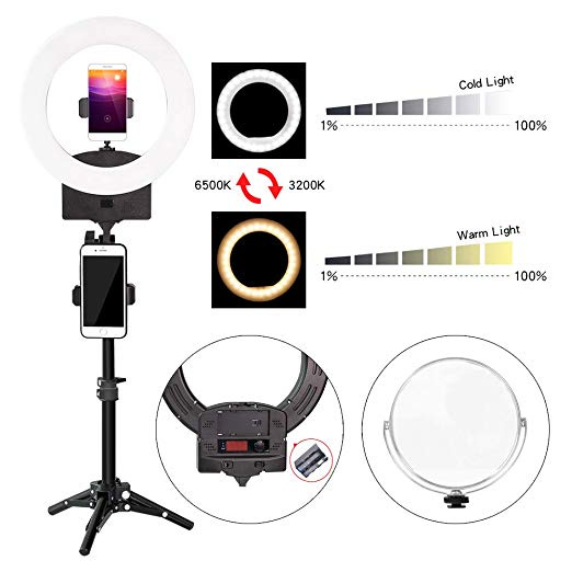 10" 3200K~6500K Dimmable Selfie Ring Light with Adjustable Light Stand,Makeup Mirror and Phone Holder, Perfect Desktop LED Lamp for Vlogs,YouTube Channel,Makeup,Salon …