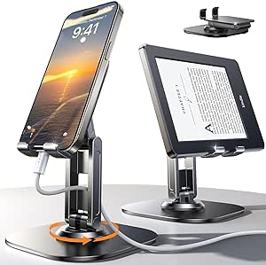 LISEN 360° Rotating Cell Phone Stand for Desk, Triple Folding Elevated Phone Holder for iPhone Fully Adjustable Desktop iPhone Holder Stand Compatible with iPhone 15 All Phones Office Accessories