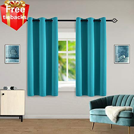 Yakamok Room Darkening Blackout Curtain Panels，Thermal Insulated Window Treatment Panel Bonus 2 Tie Backs Included Set of 2 42x63 Inch Long Teal