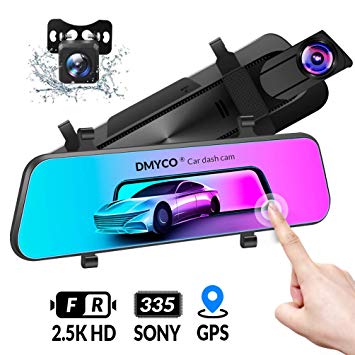 DMYCO 10" 2.5K Mirror Dash Cam Backup Camera for Cars Front and Rear View Dual Lens with External GPS, Super Night Vision, Sony Sensor, Parking Assistance