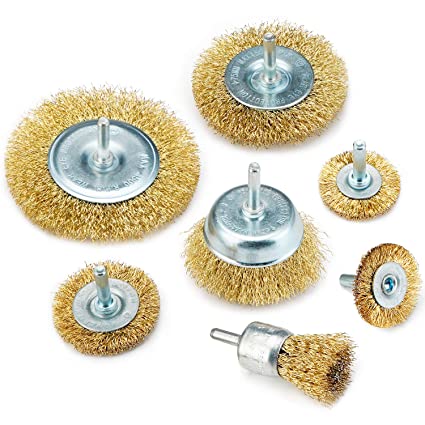 TILAX Wire Brush Wheel Cup Brush Set 7 Piece, Wire Brush for Drill 1/4 Inch Arbor 0.0118 Inch Coarse Brass Coated Crimped Wire Wheel for Used to Clean Rust, Flakes and Abrasives Drill Attachment