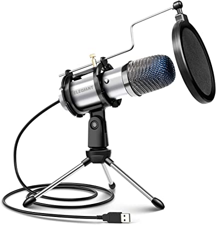 Computer Microphone, ELEGIANT Plug & Play USB Condenser Studio Microphone with Tripod Stand & Pop Filter for Zoom Skype Youtube Gaming Podcasting Compatible with iMAC Windows Computer, Sliver