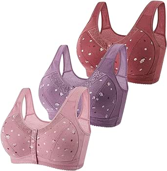 3PC Daisy Bras for Older Women, Breathable Front Close Button Cotton Bras, Full Support Wide Back No Underwire Bra