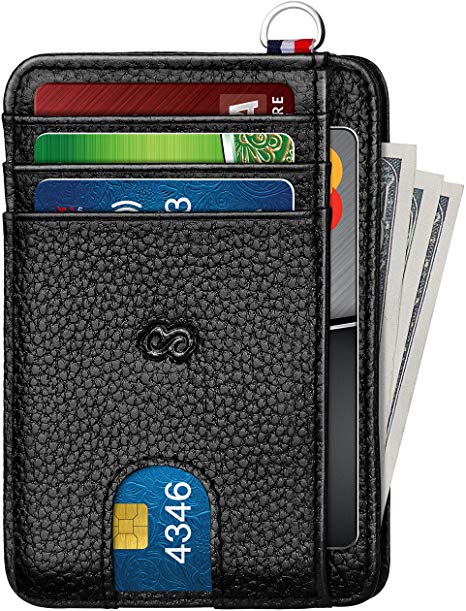 Slim Minimalist Wallet for Men & Women Leather Front Pocket Wallet RFID Card Holder with Zipper & D Shackle