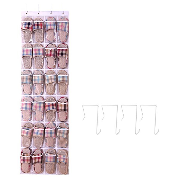 Over the Door Shoe Organizer, MAXhousre 24 Clear Pockets Single-sided Hanging Storage Rack with 4 Hooks