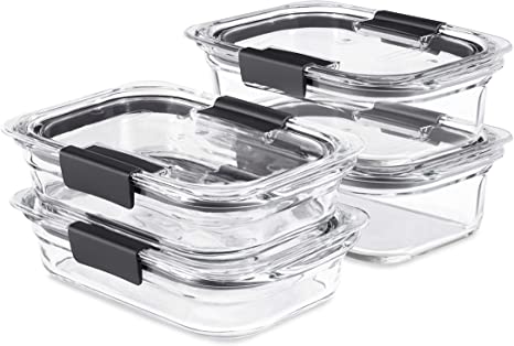 Rubbermaid Brilliance Glass Storage Set of 4 Food Containers with Lids (8 Pieces Total), BPA Free and Leak Proof, Medium, Clear
