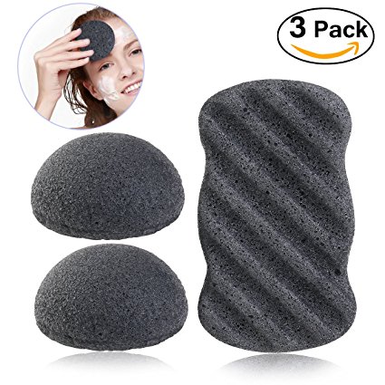 PIXNOR Konjac Sponge All Natural Facial Body Sponges with Activated Bamboo Charcoal 3 Pack