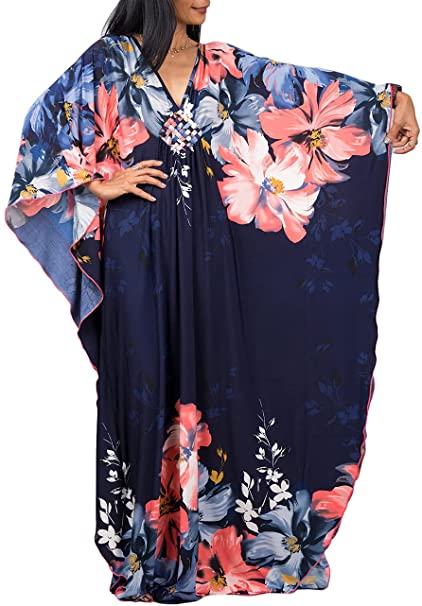 Bsubseach Women Ethnic Print Kaftan Beach Dress Plus Size Swimsuit Cover Up