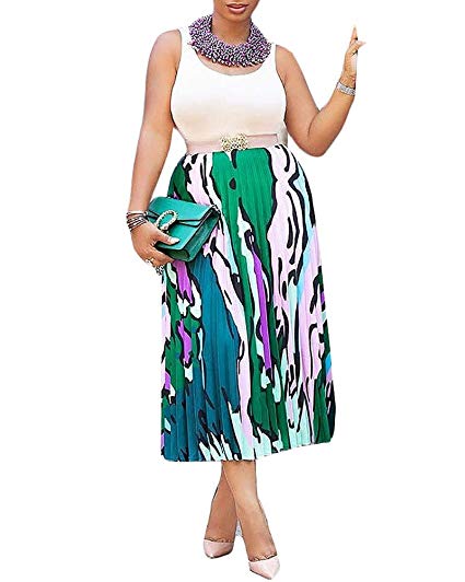 Women's A-Line Colorful Pleated Skirts Vintage Elastic Waist Rainbow Midi Skirts