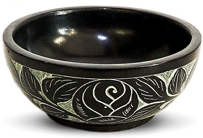 Kaizen Casa Hand Carved Natural Stone Bowl, Smudge Bowl, Stone Bowl, Smudge Pot, White Leaf Carved Design |Size_5” x 2” – Black | Ritual Bowl Display Bowl Jewelry Dish Kitchen Table Decor Gift.