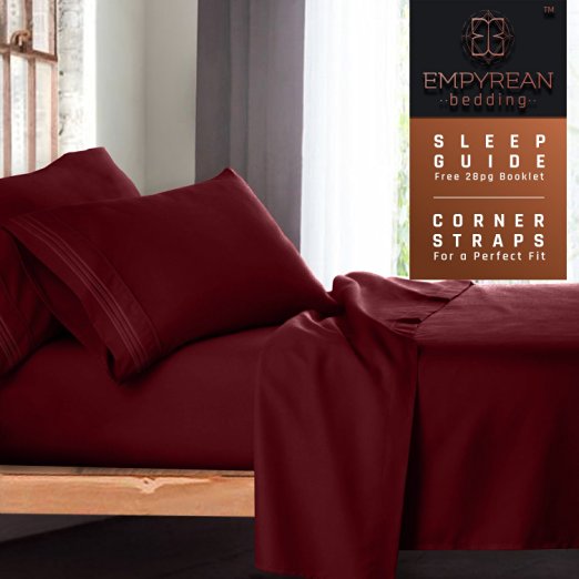 King Size Bed Sheets Set, Red Burgundy - Soft Luxury Best Quality 4-Piece Bed Set - Features Special Tight Fit Corner Straps on Extra Deep Pocket Fitted Sheets   Fun "Better Sleep Guide"