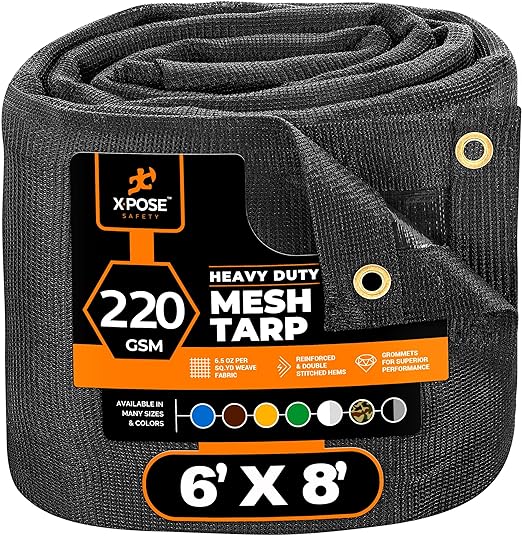 Xpose Safety Heavy Duty Mesh Tarp 6' x 8' – Multipurpose Black Protective Cover with Air Flow - Use for Tie Downs, Shade, Fences, Canopies, Dump Trucks – Weather and Tear Resistant