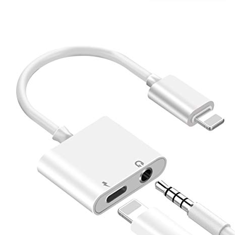 Lighting to 3.5mm Headphone Jack aux Cable Adapter, 2 in 1 Adapter Compatible with Phone 7/7 Plus / 8/8 Plus/X/XS/XR/XS Max, Audio and Charge Adapter (Support iOS 11, iOS12)-White (1 Pack)
