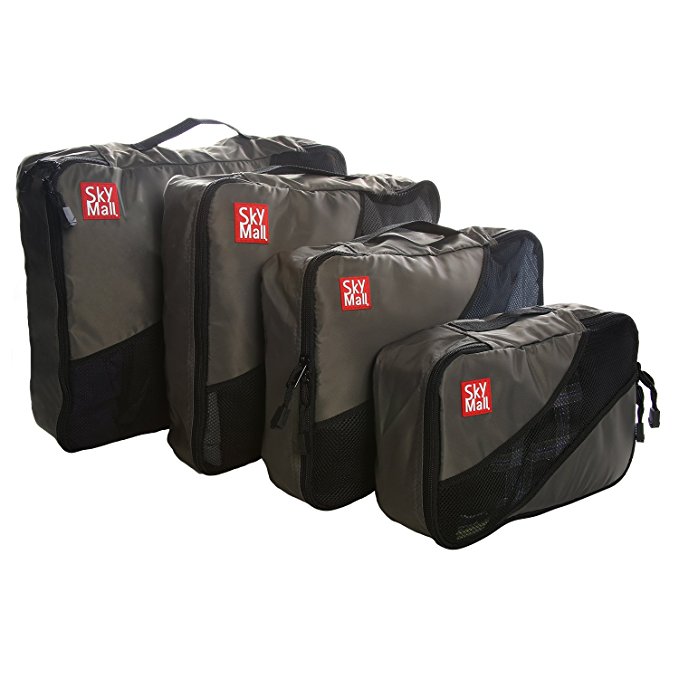 SkyMall Packing Cubes Travel Organizer Bags. Luggage Accessories. 4 Piece Value Set. Durable Nylon & Breathable Mesh Panels. Bonus Laundry Shoe Bag. Grey.