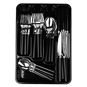 Moxinox 48 Piece Flatware Set Silverware Tableware Plastic Handle Steak Knife Spoons Forks Knives Box Fork with Cutlery Tray (Black)