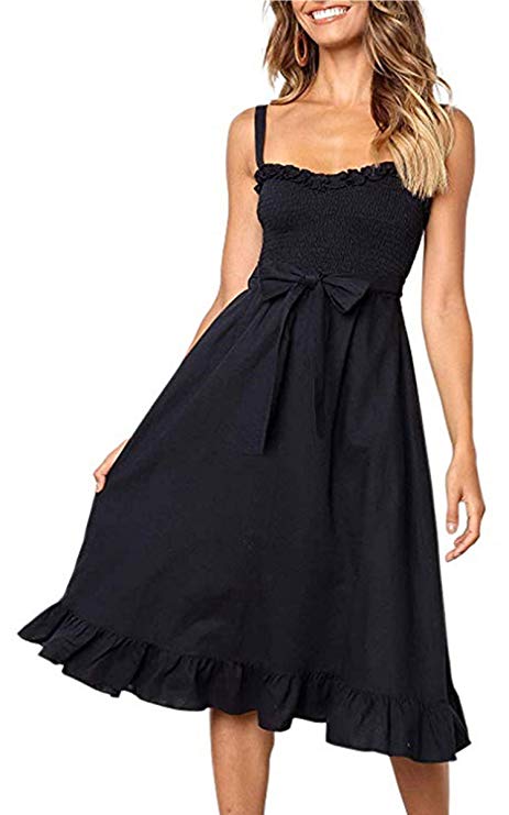 Angashion Women's Dresses - Summer Boho Floral Spaghetti Strap Button Down Belt Swing A line Midi Dress with Pockets