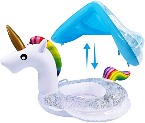 Unicorn Baby Swimming Pool Float with Canopy, Glitters Seat & Safety Handle, 2021 Summer baby floats for pool, Inflatable baby floaties for 1-4 Years Kids Boys Girls Family Summer Outdoor Party Favor
