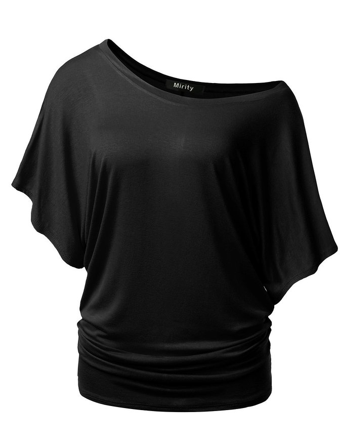 Mirity Womens Short Sleeve Boat Neck Cute Solid Shirring Dolman Drape Tops