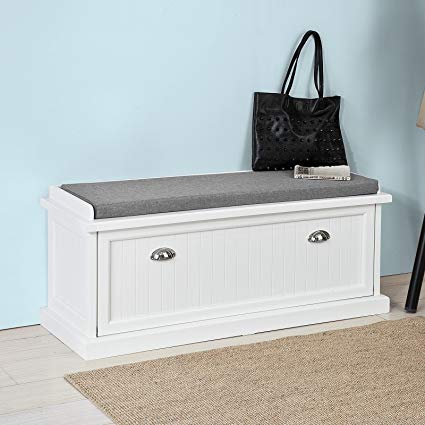 Haotian FSR41-W,White Storage Bench with Drawers & Padded Seat Cushion, Hallway Bench Shoe Cabinet Shoe Bench