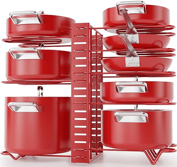 G-TING Pot Rack Organizers, 8 Tiers Pots and Pans Organizer for Kitchen Organization & Storage, Adjustable Pot Lid Holders & Pan Rack, Lid Organizer for Pots and Pans With 3 DIY Methods(Bright Red)