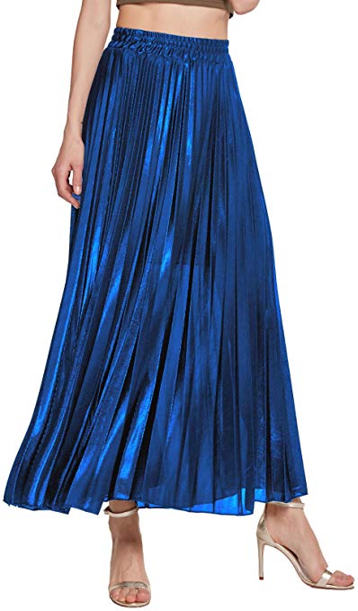 Chartou Women's Premium Metallic Shiny Shimmer Accordion Pleated Long Maxi Skirt