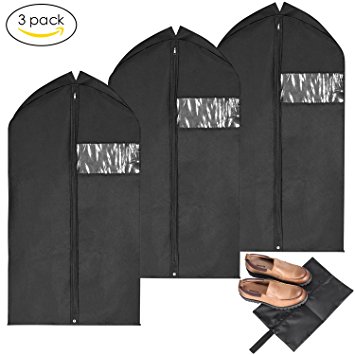 Garment Bags with Shoe Bag, MaidMAX 42-Inch-High Breathable Suit Covers with Clear Plastic Window and Full-Length Zipper for Suit, Dress, Clothes, Bonus Shoe Bag Included, 3-Set