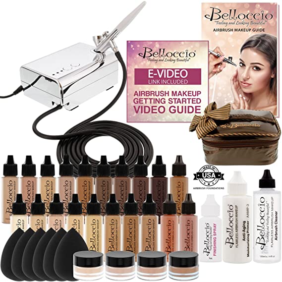 Complete Professional Belloccio Airbrush Cosmetic Makeup System with a MASTER SET of All 17 Foundation Shades plus Blush, Shimmer and Bronzer All in 1/2 oz bottles