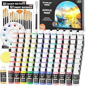 Shuttle Art 100 Colors Acrylic Paint, 2oz/60ml Bottles, Include 2 Sets of 12 Paint Brushes, 1 Art Sponge & Palette, Premium Acrylic Paint Set for Artists, Beginners & Kids on Canvas Rocks Wood Ceramic