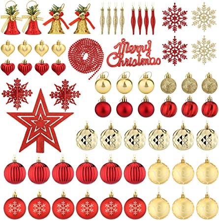 Aitsite Christmas Baubles Xmas Tree Hanging Christmas Balls Decoration Ornamentsl Home Festival Decors (Gold Red-65Pcs, 6CM 4CM)