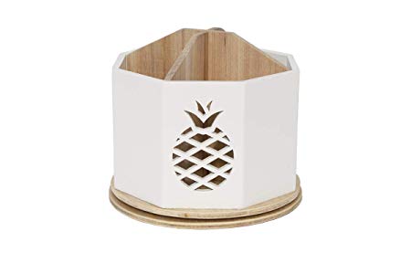 Spinning Desktop Stationary Organizer – Decorative Wooden Rotating Pen and Pencil Cup – 4 Compartment White Desk and Table Top Office Supplies Station with Pineapple Cutout - by Designstyles