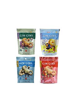 Gin Gins Gluten Free Vegan Ginger Candy 4 Flavor Variety Bundle: (1) Gin Gins Original, (1) Gin Gins Spicy Apple, (1) Gin Gins Peanut, and (1) Gin Gins Super Strength, 3 Oz. Ea.