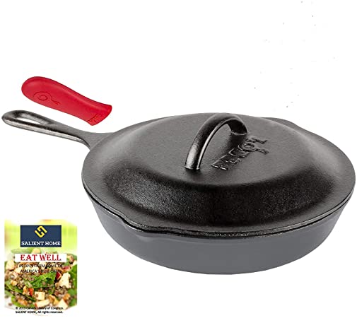 Lodge 9 Inch Cast Iron Skillet with Cover, Pre Seasoned Cookware, Ready for Stovetop, Oven Cooking, Pan is Grill and Induction Safe, Hot Assist Handle Holder, Bundle Includes Salient Home e-book