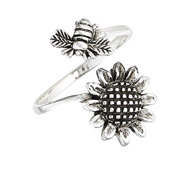 Open Adjustable Bee Sunflower Flower Thumb Ring Sterling Silver Band Sizes 6-10