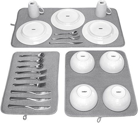 Sorbus Microfiber Dish Drying Mat Set -3 Piece Reversible Microfiber Pads - 1 XL (32”x18”) - 1 L (19”x16”) - 1 M (18”x12.5”) Microfiber Dish Mats with Hook - Grey