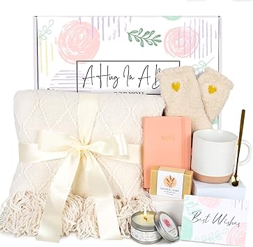 Get Well Soon Gifts for Women - Sending Hug Sympathy Gifts, Care Package Feel Better Basket for Sick Friends, Relaxing Inspirational Gifts for Women, Birthday Gifts for Women, Blanket Mug Set (Ivory)