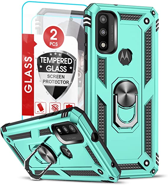 LeYi Compatible with Moto G Pure Phone Case, G Power 2022 Case with 2 Pcs Tempered Glass Screen Protector, [Military-Grade] Protective Case Cover with Magnetic Kickstand for Motorola G Pure, Mint