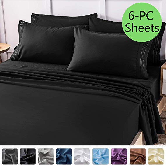 LIANLAM Full 6 Piece Bed Sheets Set - Super Soft Brushed Microfiber 1800 Thread Count - Breathable Luxury Egyptian Sheets 16-Inch Deep Pocket - Wrinkle and Hypoallergenic（Black，Full）