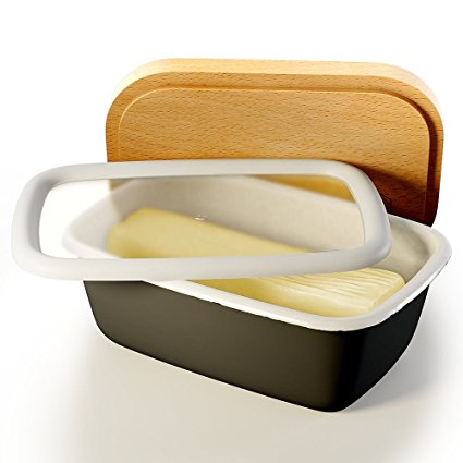 Butter Dish with Lid (Charcoal) | Covered Enamel Keeper with Beech Wood Top & Plastic Lid for Airtight Storage of Cheese | Tray Holds Half Pound of Stick Butter | Durable Food Storage Container
