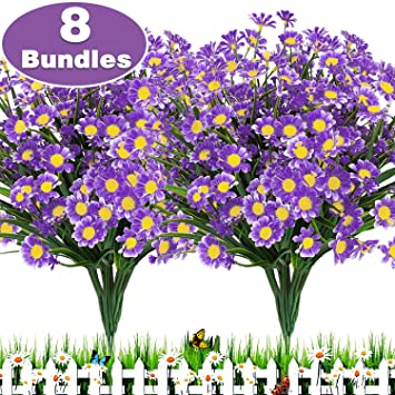 TURNMEON 8 Bundles Artificial Flowers UV Resistant Outdoor Decoration-Faux Plastic Daisy Greenery Shrub Plant Indoor Outside Hanging Planter Wedding Home Garden Office Window Box Hanging Décor(Purple)